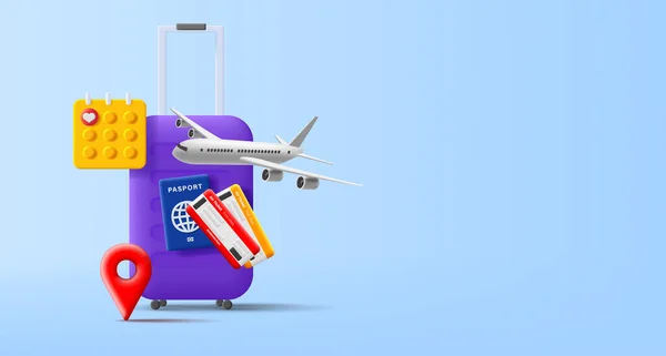 Composition Travel Suitcase Calendar Date Plane Passports Boarding Pass Render — Archivo Imágenes Vectoriales