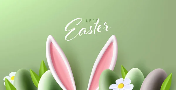 Easter Greeting Card Bunny Ears Colourful Eggs Flowers Bottom Creen - Stok Vektor
