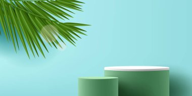 Product placement podium, 3d cylinders in green colors with palm leaf and sun flare, realistic render style illustration nature