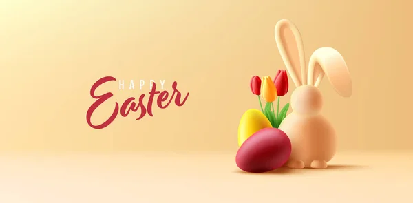 Poster Paskah Dengan Ilustrasi Render Telur Berwarna Kelinci Paskah Dan - Stok Vektor