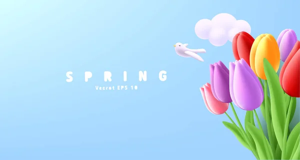 3D构图与郁金香花束在天空背景与云鸽鸟 母亲节问候海报 — 图库矢量图片
