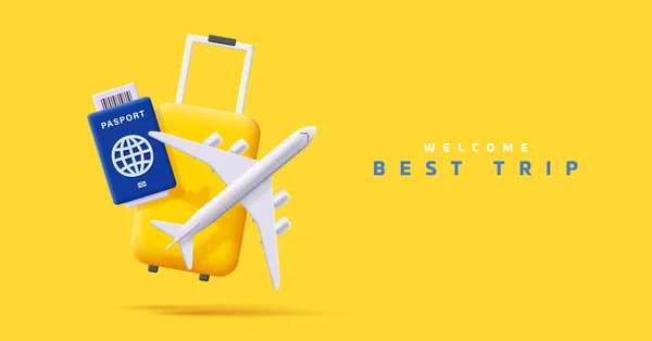 Composition Travel Suitcase Plane Passport Render Illustration Yellow Colours Advertising —  Vetores de Stock
