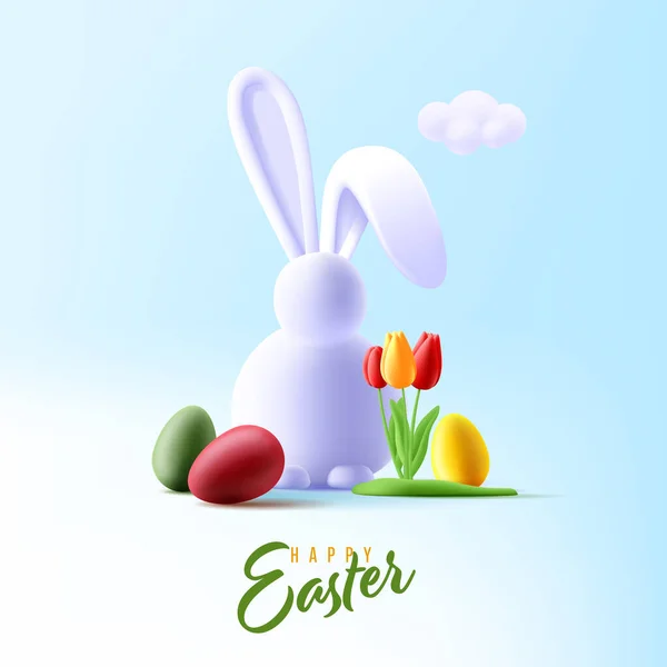 Paskah Paskah Kartu Pos Dengan Gambar Render Telur Berwarna Kelinci - Stok Vektor