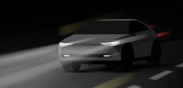 現代の車Suvは 上のライトで夜に運転します 現実的な3Dイラスト 高速道路の動き 未来的なデザイン — ストックベクタ
