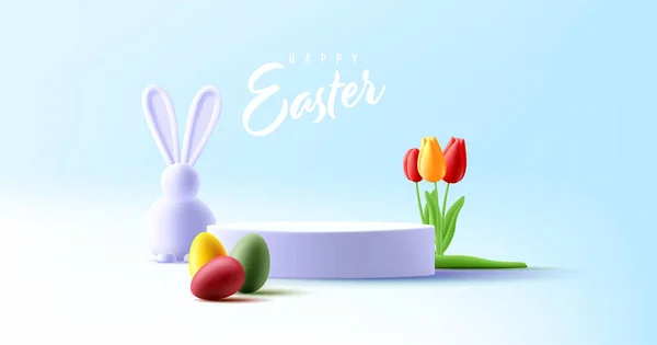 Easter Greeting Product Placement Podium Render Illustration Coloured Eggs White - Stok Vektor