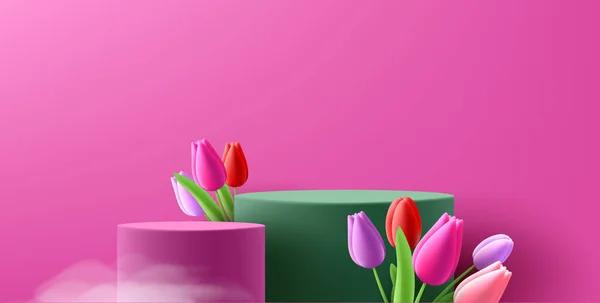 Весенний Макет Пьедестала Почета Окружении Цветов Тюльпанов Сцена Размещения Продукции — стоковый вектор