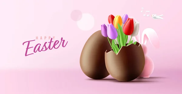 Ilustrasi Paskah Dengan Telur Cokelat Dan Buket Tulip Dalamnya Dan - Stok Vektor