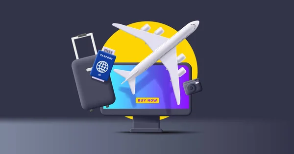 3D作文 包括旅行箱 飞机和护照 网上订票服务 图解作文 — 图库矢量图片