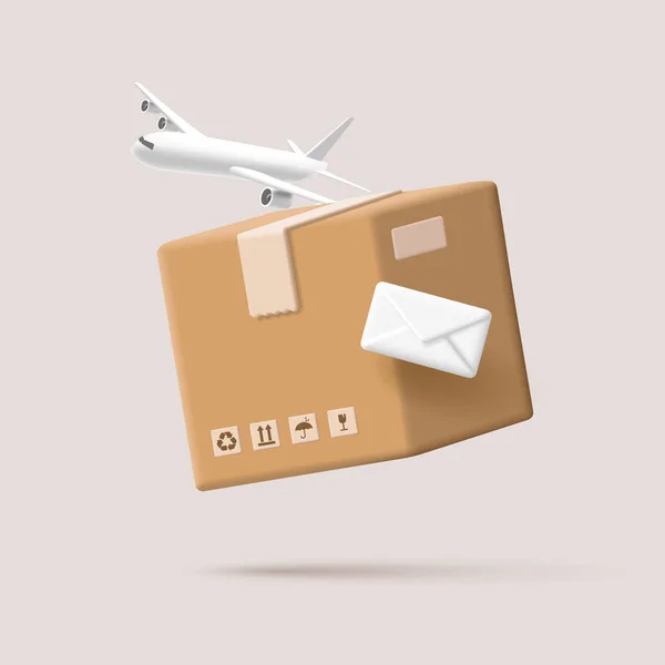 大型纸箱和装有飞机的信封的三维图解 快速空运数字组合 — 图库矢量图片