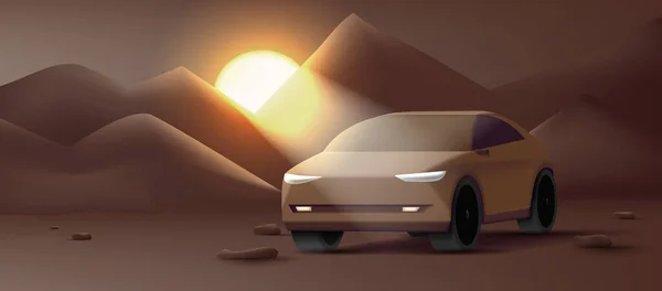 茶色の色で日没の画像と砂漠の砂の山の風景の現代的なSuv車の3Dベクトルイラスト — ストックベクタ