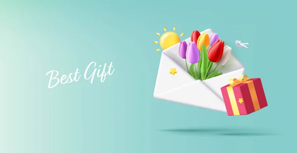 Carte Postale Printemps Avec Grande Enveloppe Blanche Avec Bouquet Tulipes — Image vectorielle
