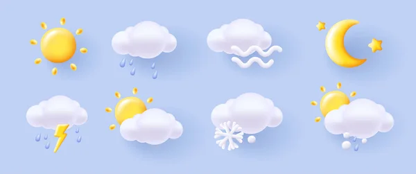Набор Погодных Иконок Трехмерное Изображение Мягких Форм Иллюстрация Различных Погодных — стоковый вектор