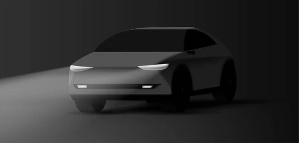 Realista Black Vector Car Ilustração Noite Escura Com Faróis Ilustração — Vetor de Stock
