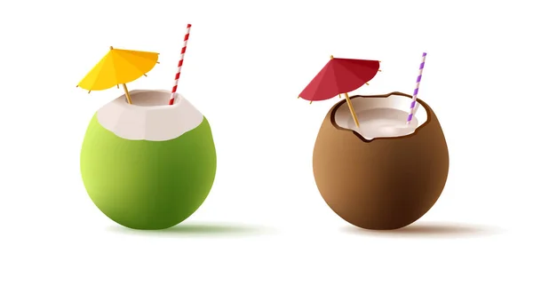 Green Coconut Ripe Coconut Cocktails Straw Umbrella Realistic Render Illustration — Stock Vector
