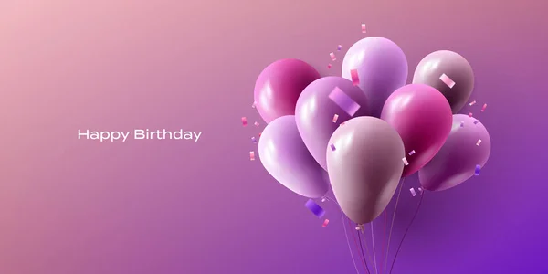 生日快乐矢量3D插图与现实的粉红色和紫色气球与意大利面 问候横幅模板与地方复制 — 图库矢量图片