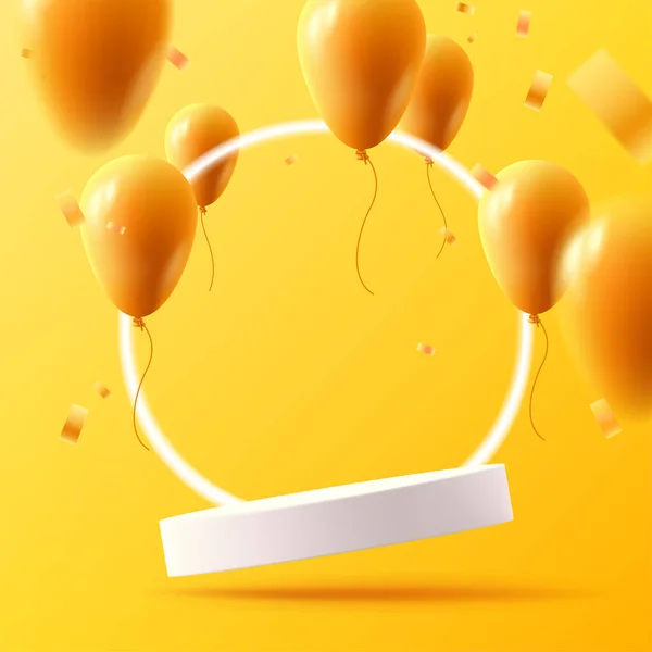 Pozdrowienia Szablon Baner Żółtymi Balonami Powietrza Biały Piedestał Cylindra Neonem — Wektor stockowy