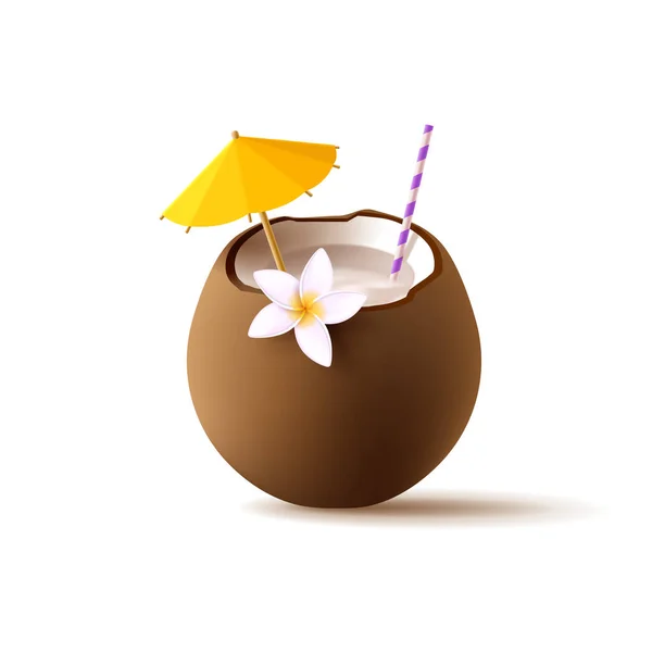 藁と傘と熱帯の花と3D茶色のココナッツカクテル 現実的なレンダリング3Dイラスト 隔離された — ストックベクタ