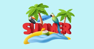 3 boyutlu tropikal yaz tatili, dalgalı plaj büyük tipografi yuvarlak harflerle tropikal kuşlar ve hindistan cevizi kokteyli, vektör gerçekçi elementler