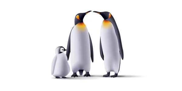 Pinguins家族现实的3D例证 妈妈爸爸和婴儿动物 北极动物 孤立的动物 — 图库矢量图片