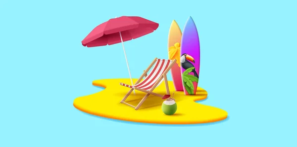 热带岛屿 有海滩伞 有冲浪板和椰子鸡尾酒 3D渲染插图 度假横幅 — 图库矢量图片