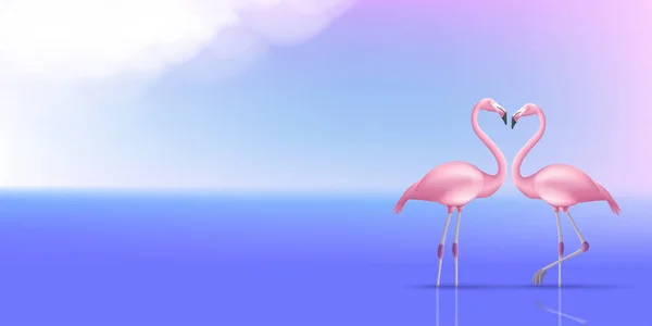 Sepasang Flamingo Berdiri Air Pada Pemandangan Matahari Terbenam Dalam Cinta - Stok Vektor