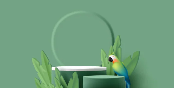 Цилиндр Подиума Зеленых Тонах Зелеными Тропическими Листьями Растений Попугаем Презентация — стоковый вектор