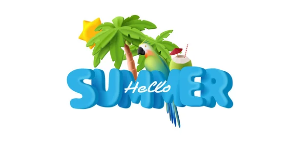 Hello Summer Render Composition Big Typography Palm Trees Coconut Cocktail — Stock Vector