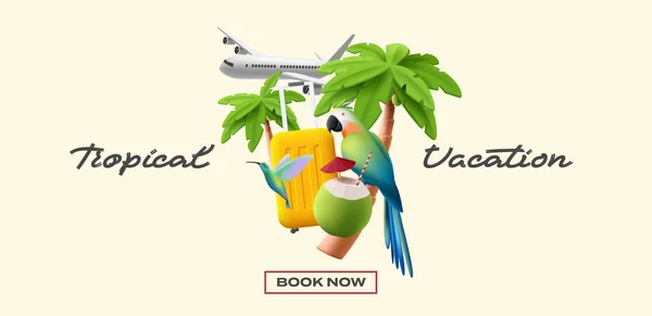 惠斯特风格热带度假横幅的3D动态构图 附有手提箱 飞机和棕榈树图案的热带鸟类三维图解 — 图库矢量图片