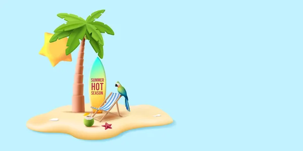 Тропический Остров Композиция Пальмой Пляжное Кресло Паррон Морской Звездой Кокосовый — стоковый вектор