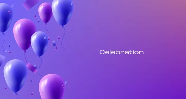 Panji Perayaan Dengan Balon Udara Ungu Dan Biru Dengan Confettii - Stok Vektor