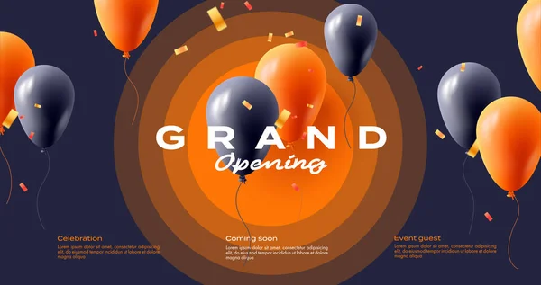 Grand Opening Banner Orange Black Air Balloons Confetti Illustration Black — Stock Vector