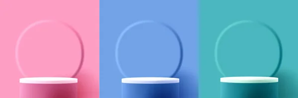 Set Dari Render Podium Silinder Realistis Latar Belakang Dengan Lingkaran - Stok Vektor