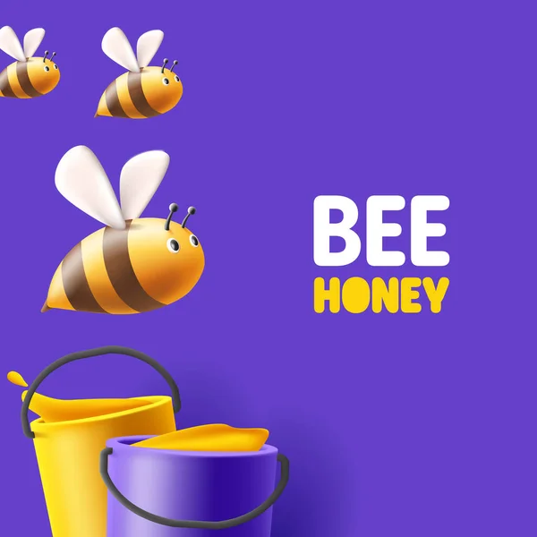 三维渲染蜜蜂带着一桶蜂蜜飞舞的图解 紫色背景下的横幅销售模板 — 图库矢量图片