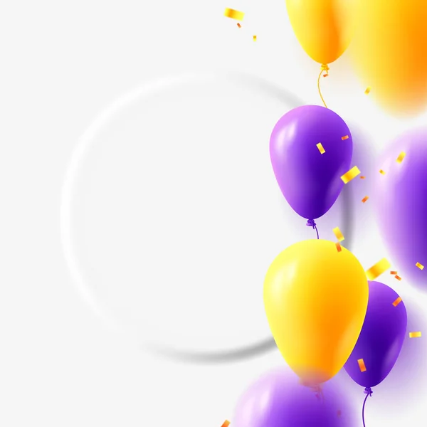 Banner Sjabloon Met Gele Paarse Lucht Ballonnen Met Confetti Witte — Stockvector