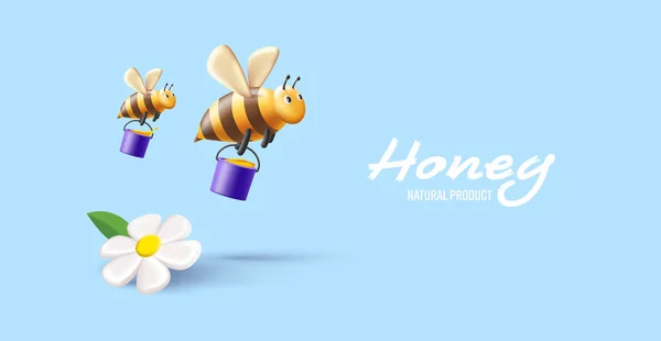 3D展示蜜蜂带着一桶蜂蜜和鲜花飞舞的图片 健康的糖果派递海报 — 图库矢量图片