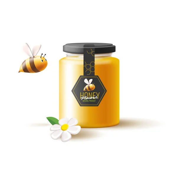 ミツバチと白の花 ブランドのパッケージデザイン プロモーションバナーとハニーガラス瓶3Dイラスト — ストックベクタ
