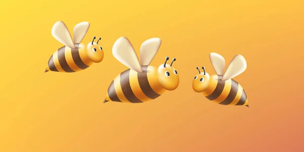 蜂の飛行 黄色の縞模様の体と翼と目とアンテナの顔を持つ昆虫の3Dレンダリングスタイルのイラスト キャラクターデザインの子供たち — ストックベクタ