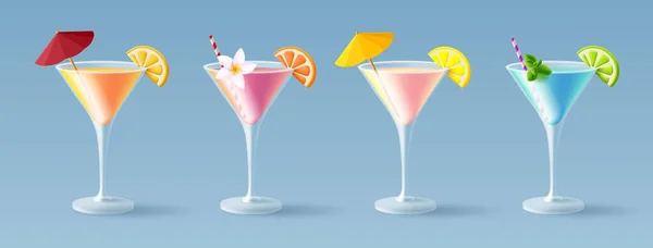 在三角形玻璃杯中的鸡尾酒 一组不同的饮料与伞和稻草与通量和花卉 现实的3D插图 — 图库矢量图片