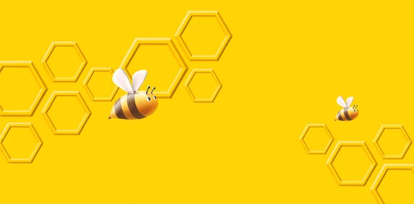 ボリュームのあるハニカムと丸みを帯びた3Dレンダリング蜂が飛んで 黄色の背景カバー — ストックベクタ