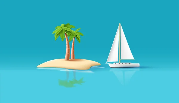 Векторная Иллюстрация Туристического Острова Пальмой Яхтой Море Необитаемый Остров Эко — стоковый вектор