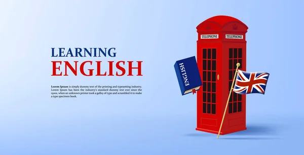 Αγγλική Γλώσσα Σχολείο Πανό Κόκκινο Τηλεφωνικό Θάλαμο Βρετανική Σημαία Και — Διανυσματικό Αρχείο