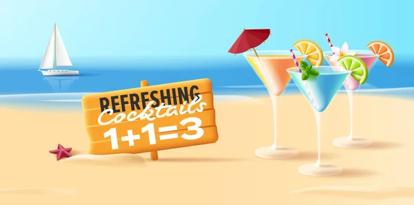 Poster Pesta Pantai Dengan Ilustrasi Koktail Dalam Kacamata Martini Segitiga - Stok Vektor