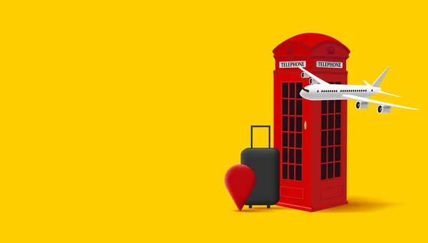 红色电话伦敦盒 装有飞机和高科技装置 3D渲染说明 英式旅行推进装置 — 图库矢量图片