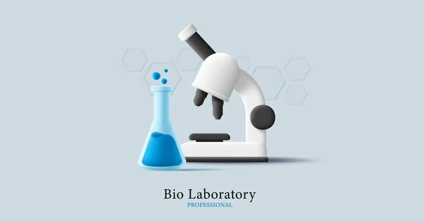 Ilustrasi Laboratorium Biologi Mikroskop Dan Gelas Piala Dengan Cairan Biru - Stok Vektor
