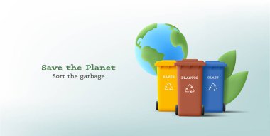 Gezegen ve yeşil yapraklı çöp tenekelerinin geri dönüşümünün 3D çizimi, kağıt cam ve plastik sıralama posteri, ekolojik eğilim dijital illüstrasyon