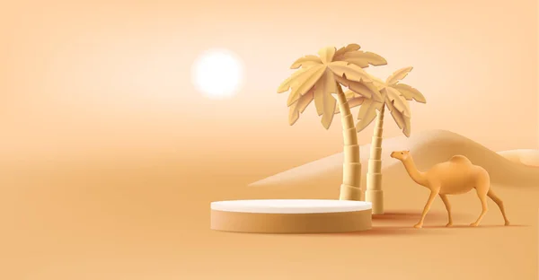 パンプティ製品表彰台とヤシの木とラクダ 熱い太陽 広告の背景を持つサハラ砂漠の風景 — ストックベクタ