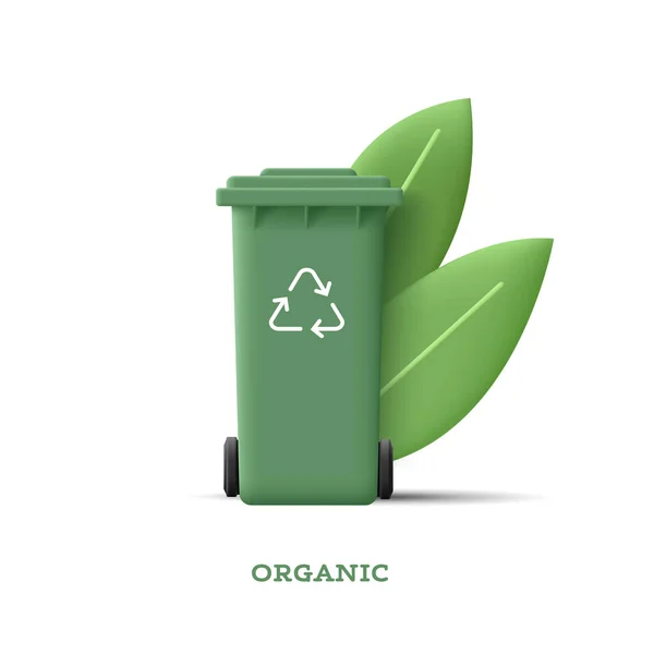 Illustration Poubelle Verte Pour Déchets Organiques Avec Feuilles Icône Recyclage — Image vectorielle