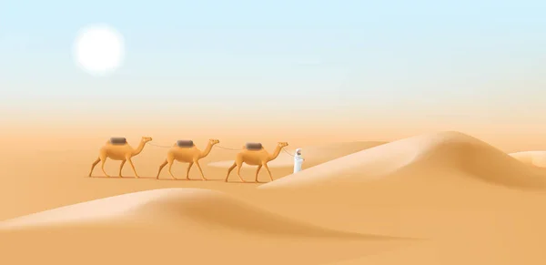 砂漠の風景でラクダキャラバンを持つカメレル男性 人間は 砂丘で動物をリード 3Dイラストの背景 — ストックベクタ