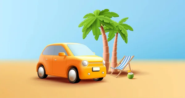 Sommer Roadtrip Den Strand Mit Gelbem Auto Palmen Und Strandkorb — Stockvektor