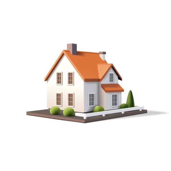 Ilustrasi Vektor Render Rumah Dengan Atap Merah Dinding Putih Dan - Stok Vektor
